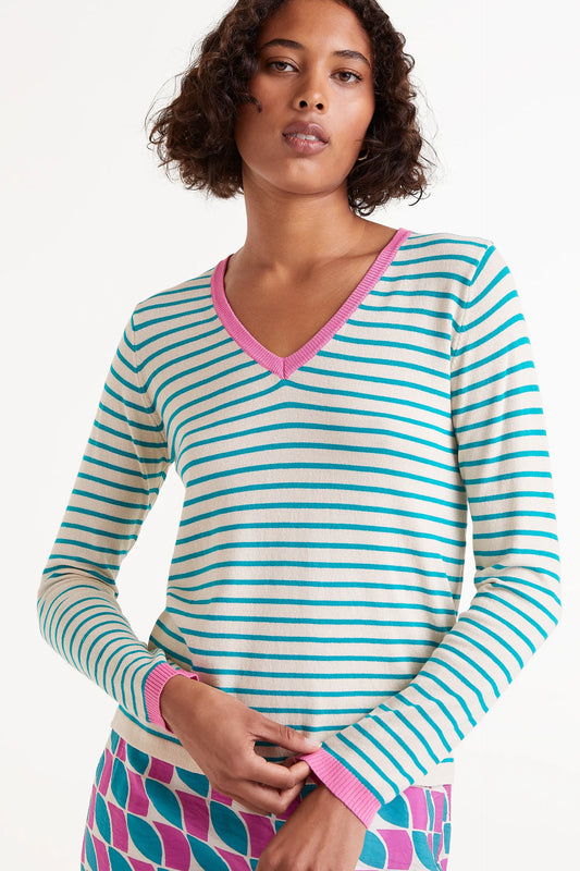 Green striped V-neck sweater