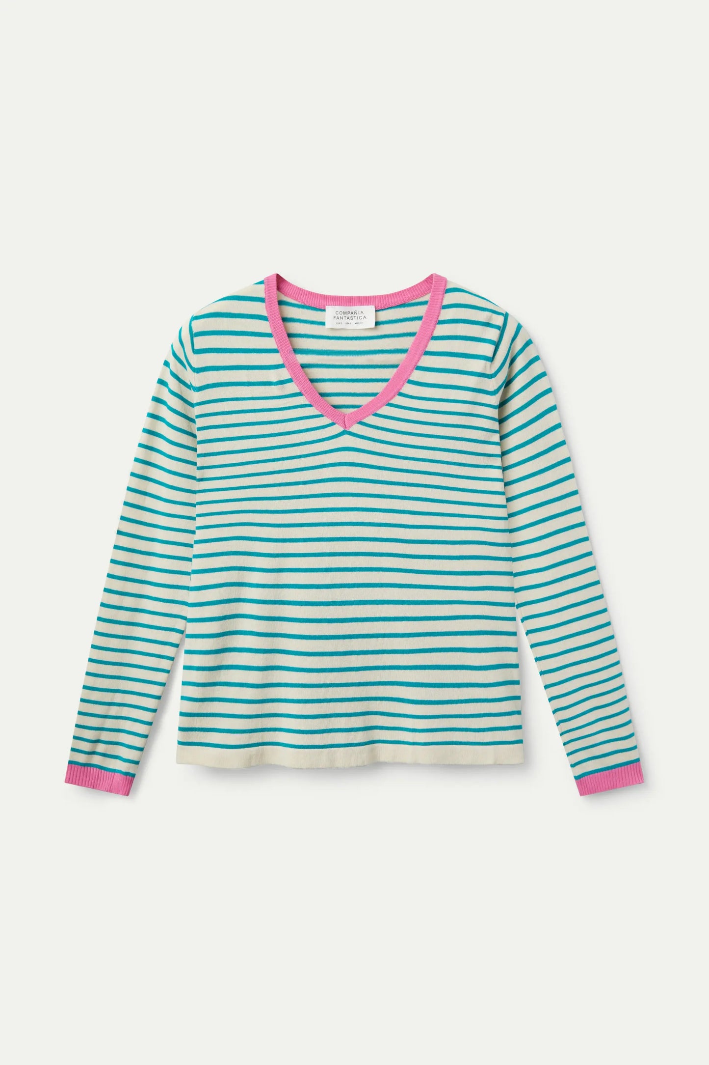 Green striped V-neck sweater