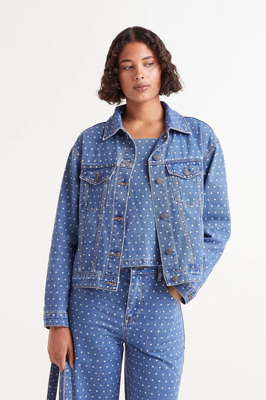 Denim jacket with polka dot print