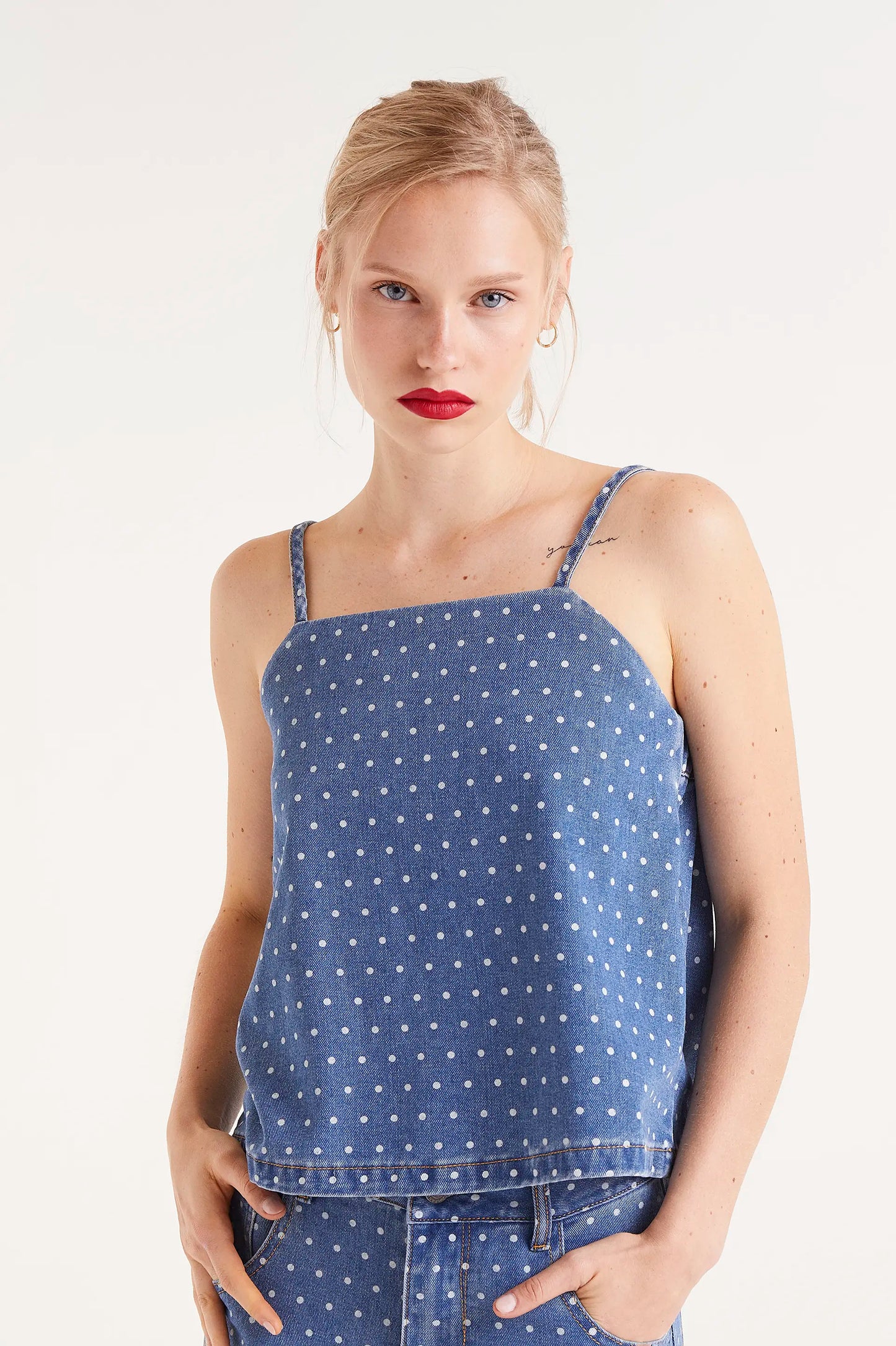 Denim top with polka dot print