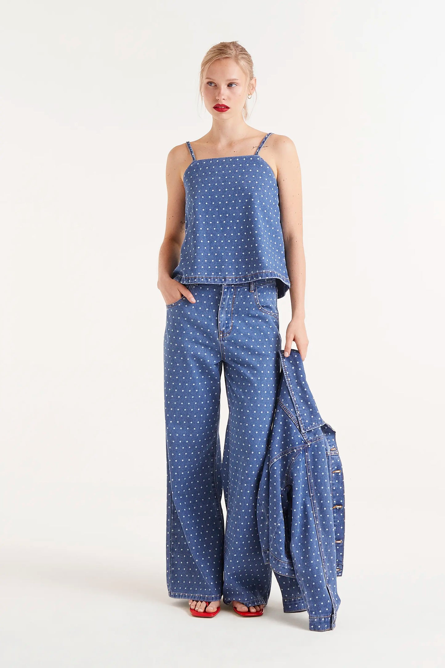 Denim top with polka dot print