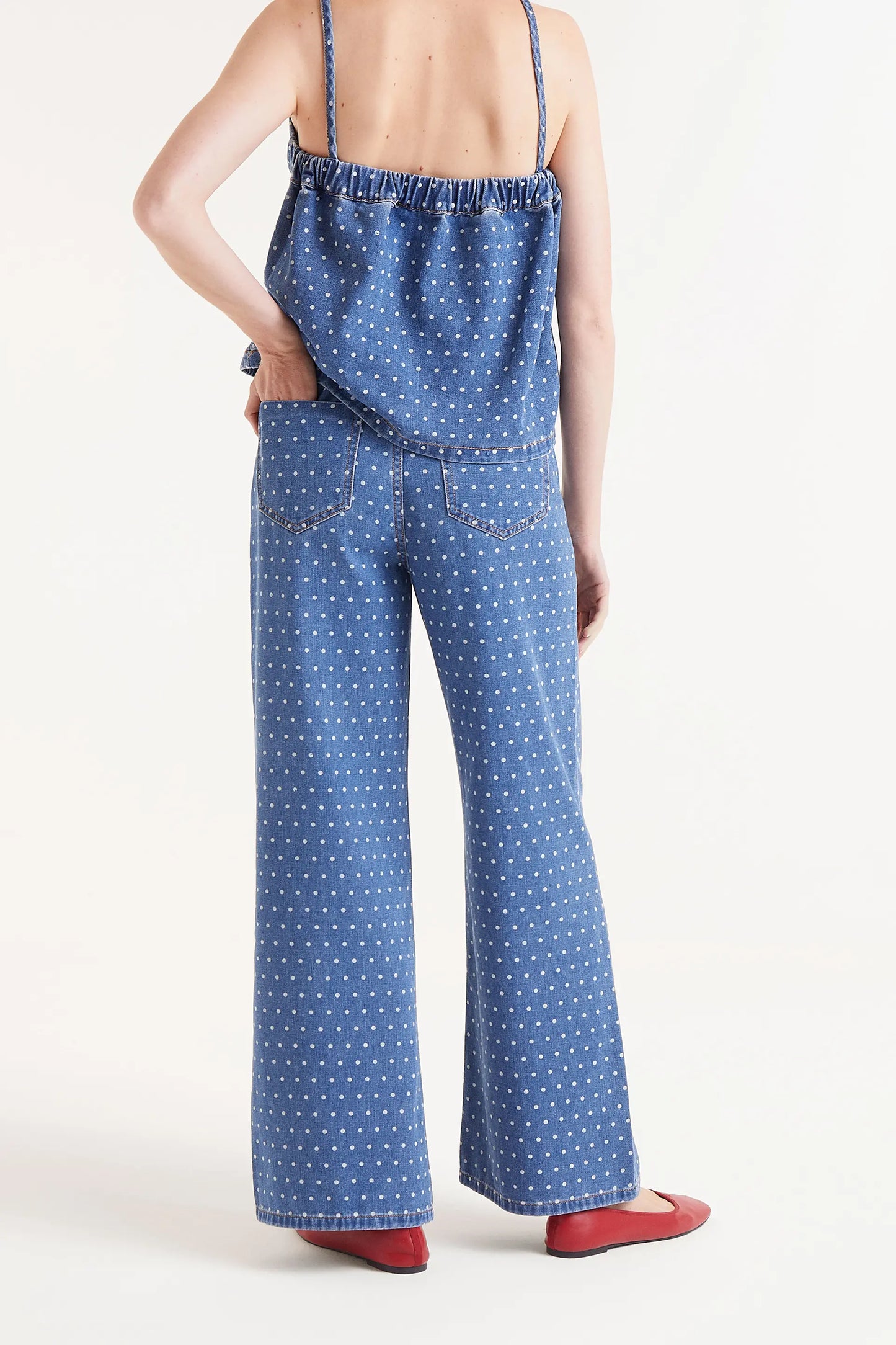 Denim jeans with polka dot print