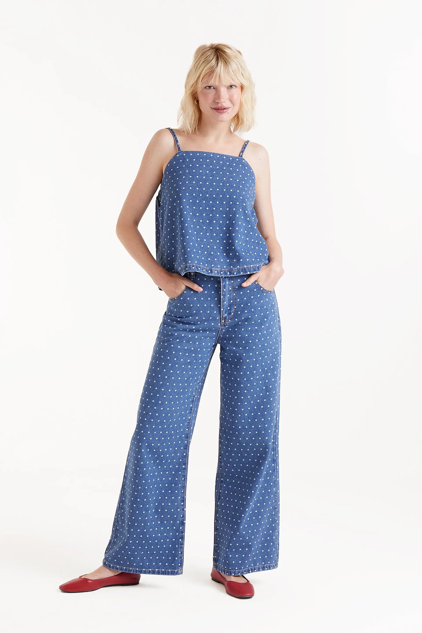 Denim jeans with polka dot print