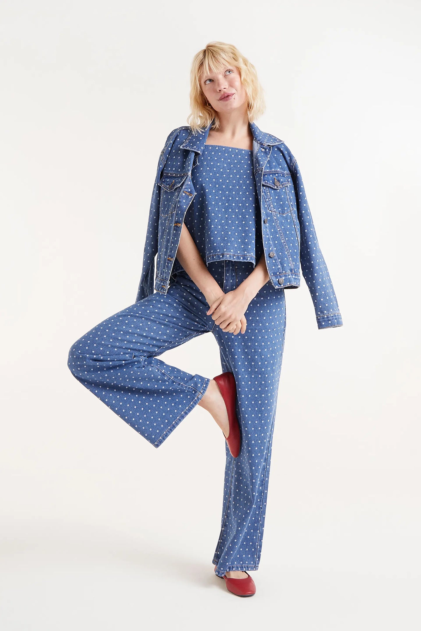 Denim jeans with polka dot print