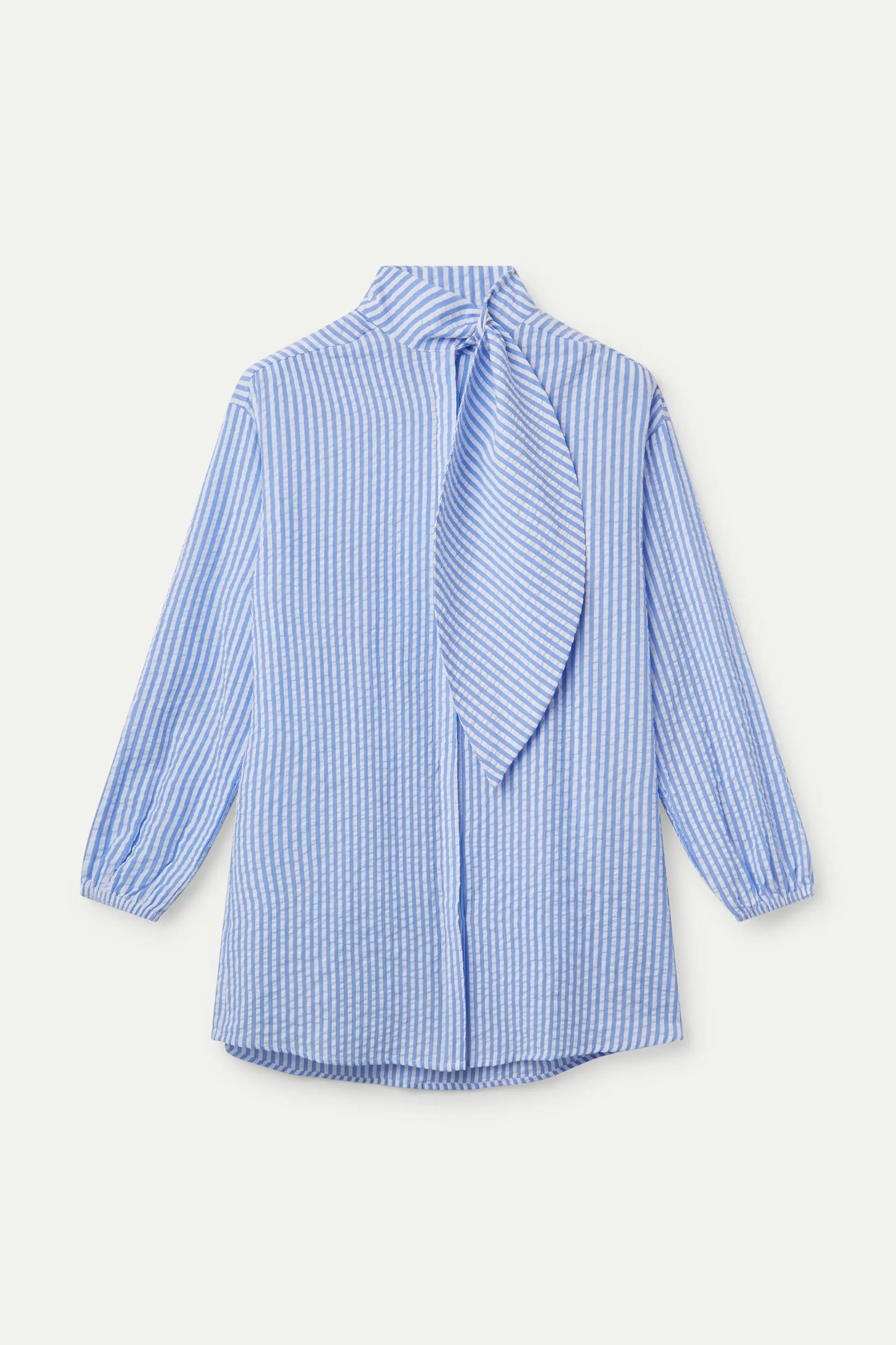 Oversized shirt with blue striped print and bow