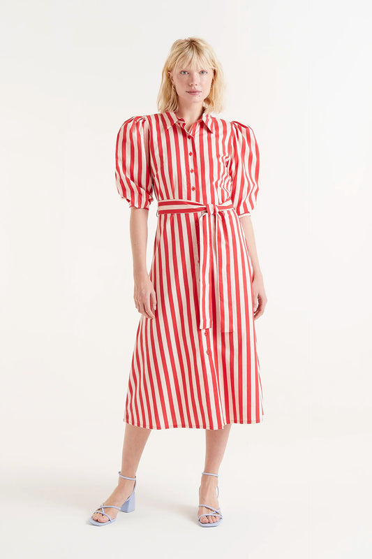 Red striped midi shirt dress