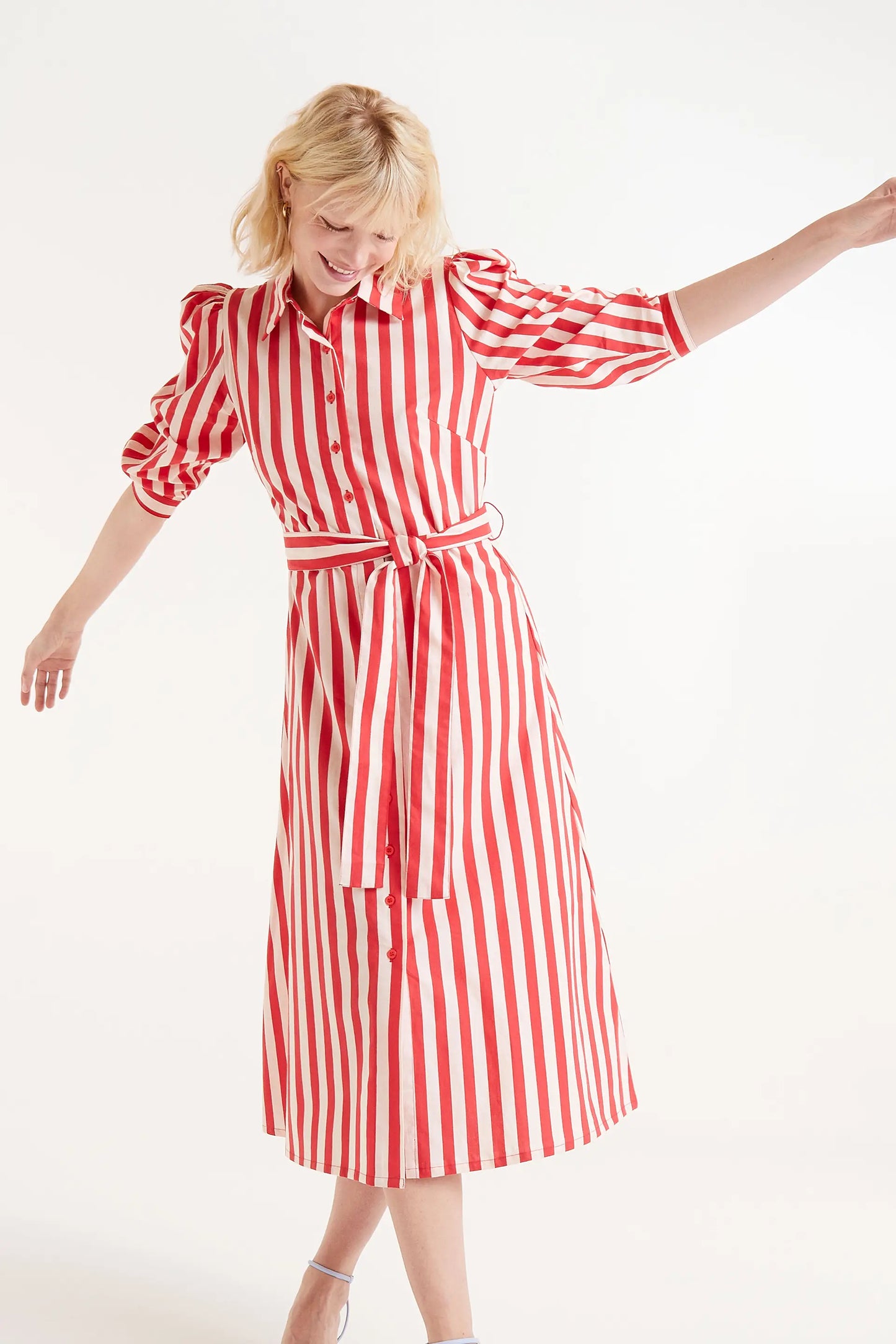 Red striped midi shirt dress