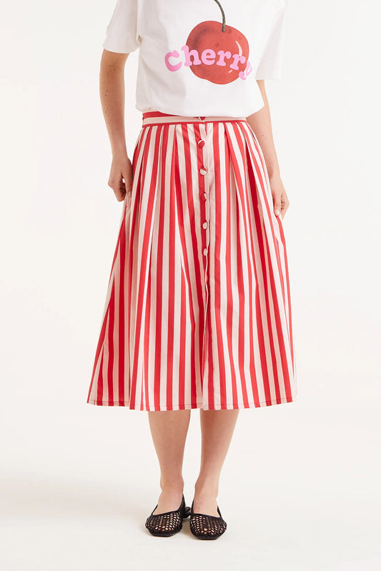 Red striped print midi skirt