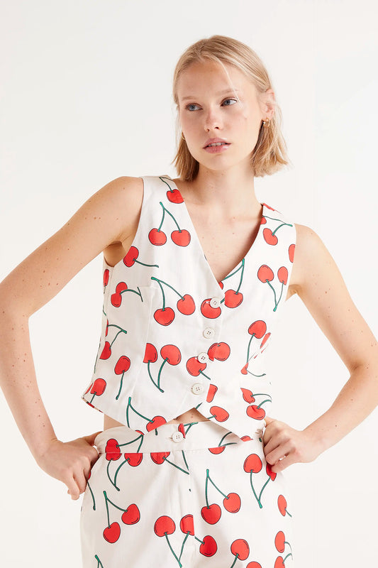 Cherry print tailored vest