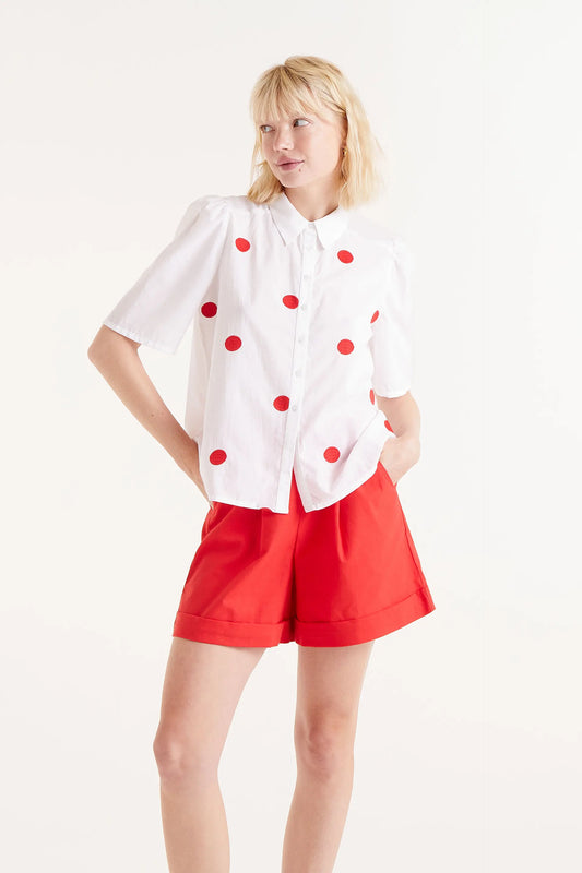 Short sleeve shirt with red polka dot print