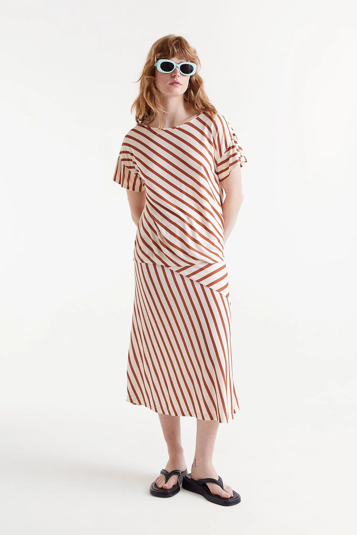 Bongo striped print ruffle short sleeve t-shirt