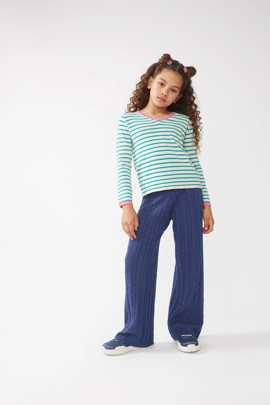 Girl's green striped V-neck sweater