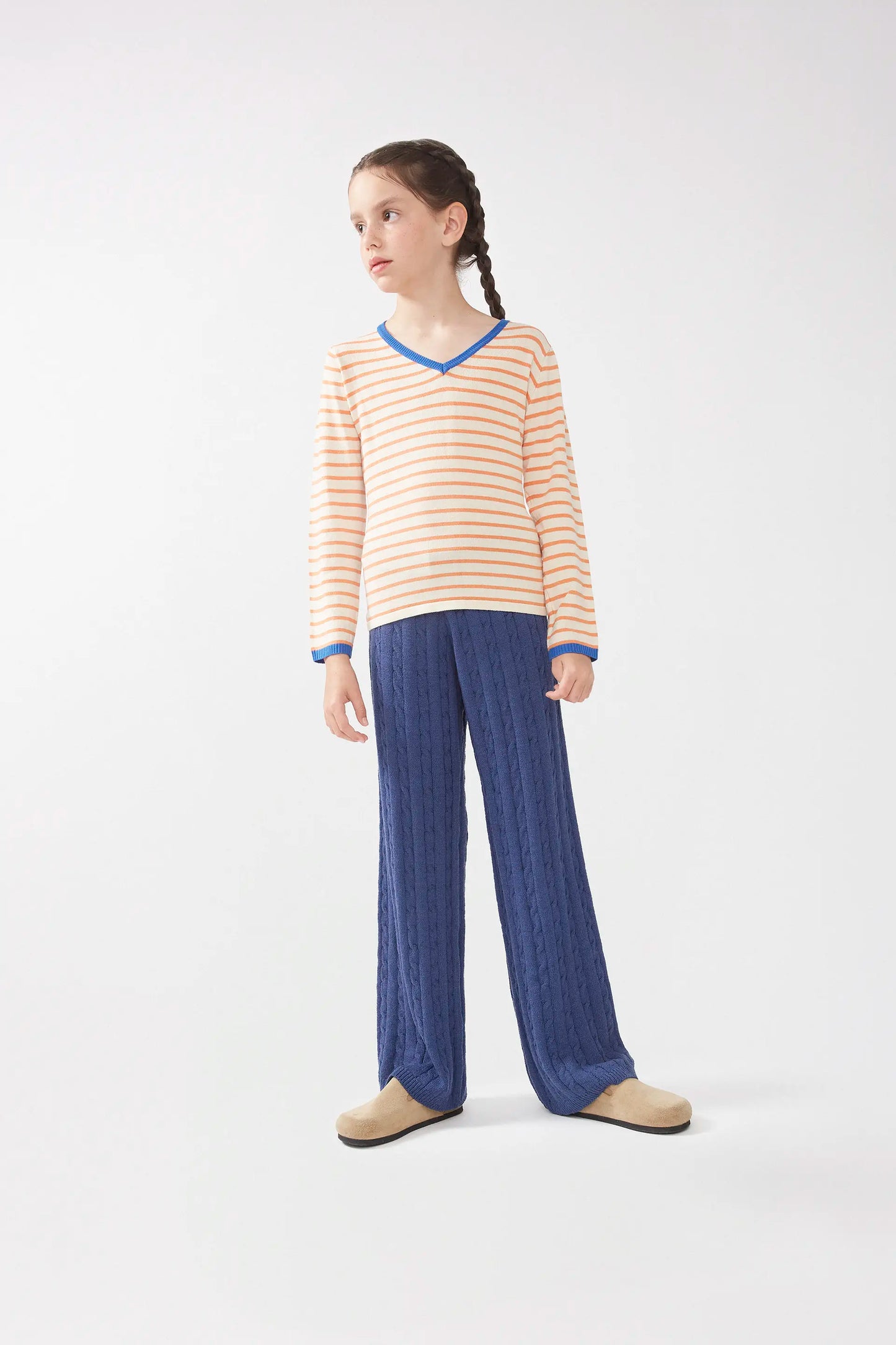 Girl's orange striped V-neck sweater