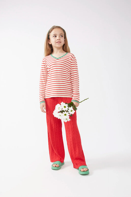 Girl's V-neck sweater with red stripes