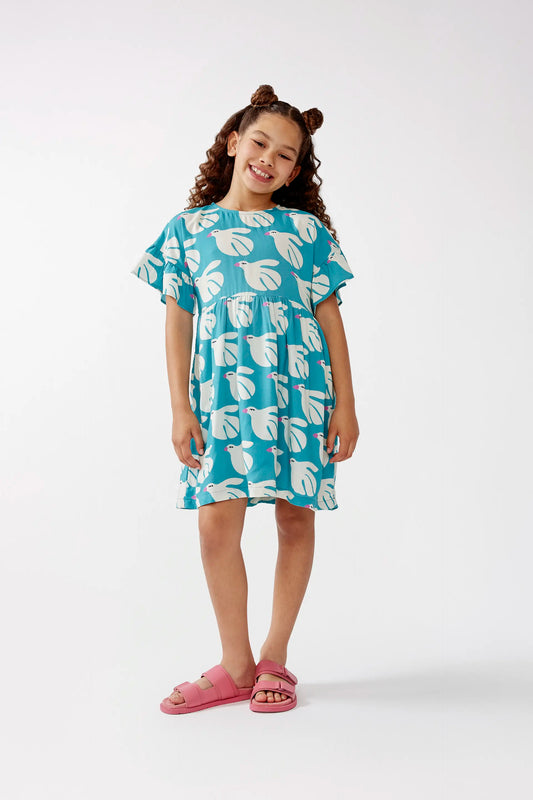 Girl's short dress in LENZING™ ECOVERO™ rayon with Dove print