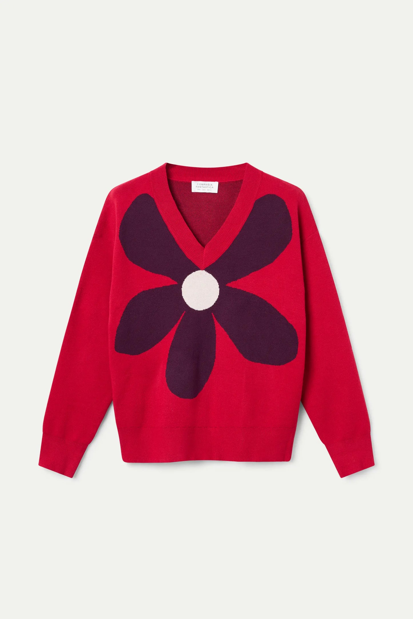 Maglione in maglia jacquard con grande stampa di fiori rossi