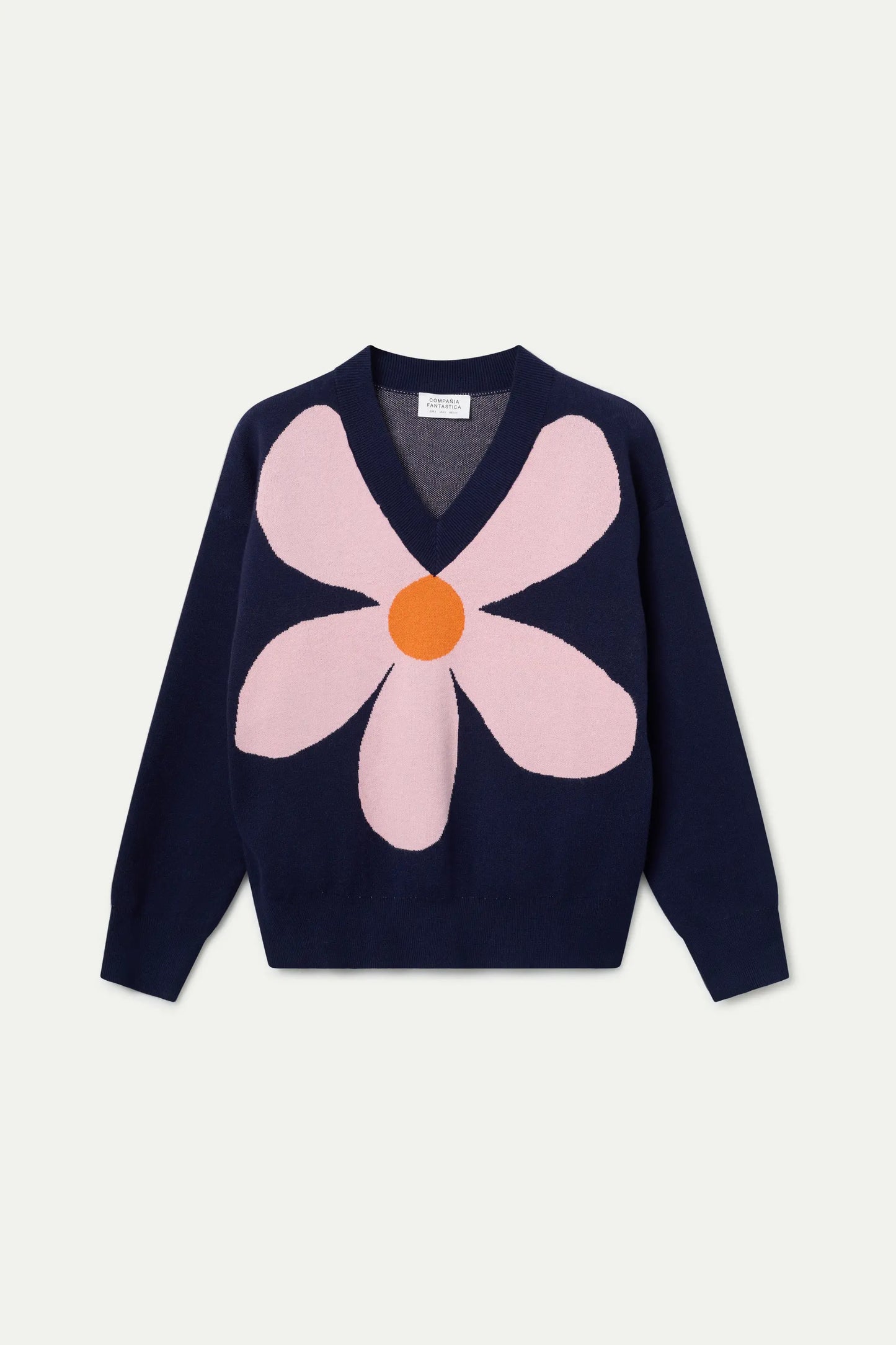 Maglione in maglia jacquard con stampa di grandi fiori blu navy
