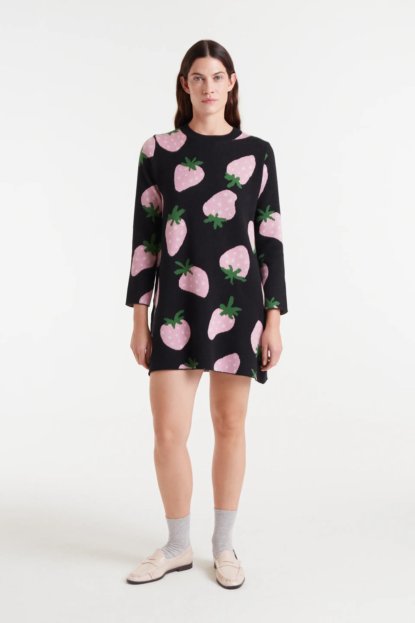 Short jacquard knit dress with Morango print