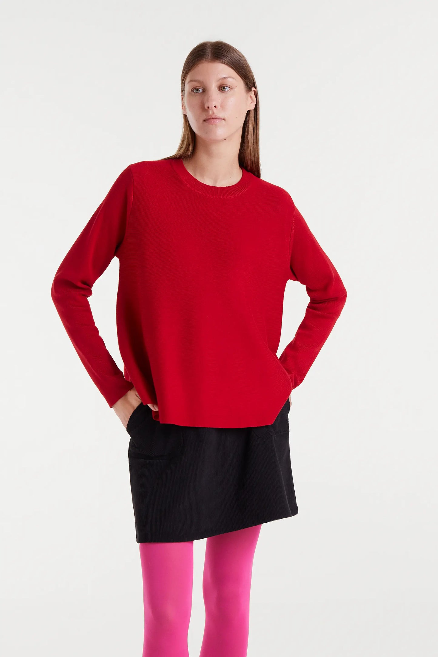 Red flared knit sweater