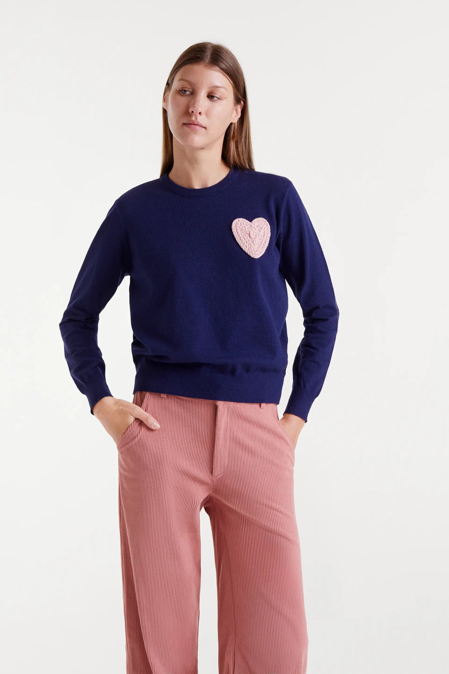 Navy blue knitted sweater with heart print