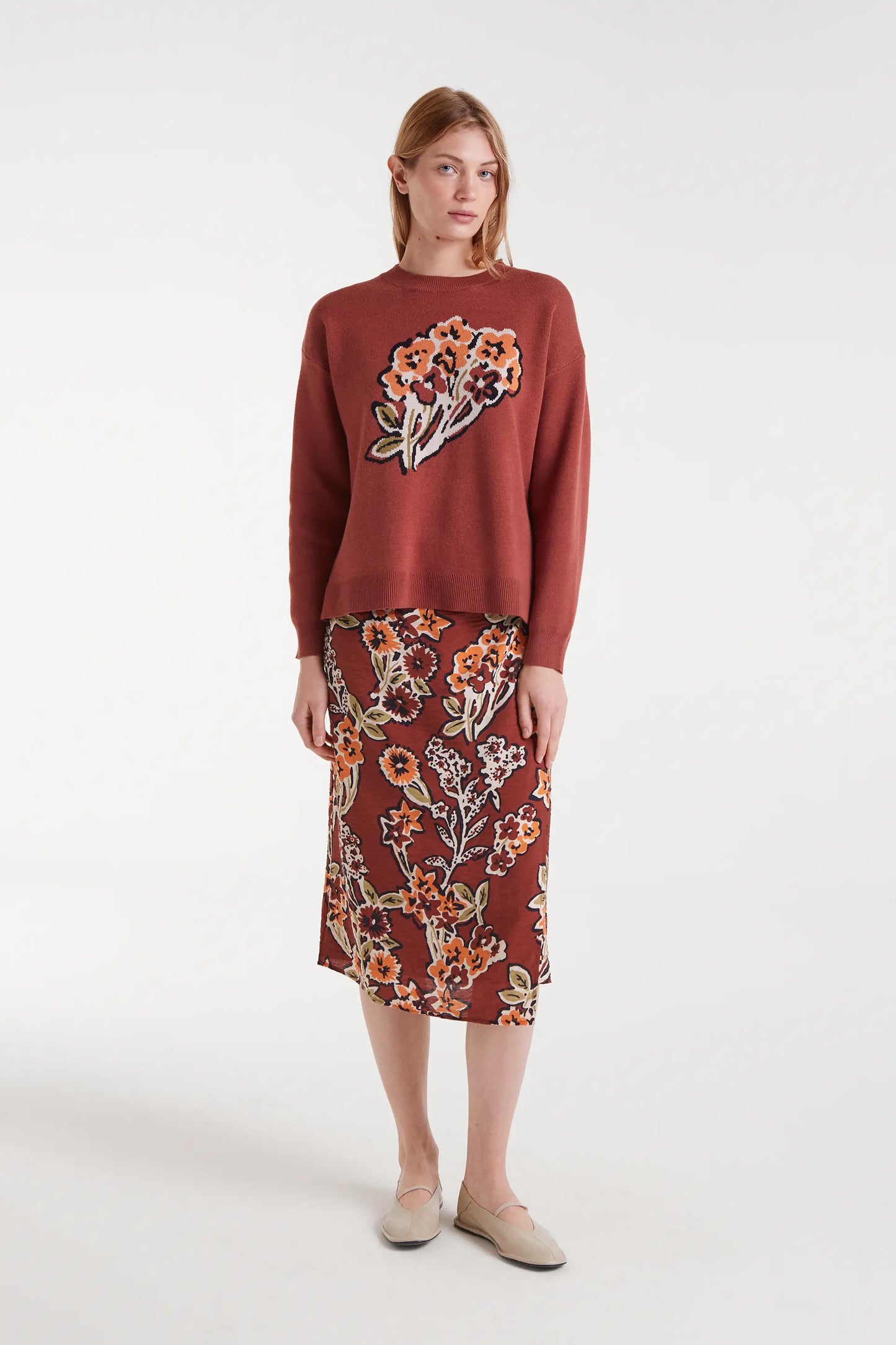 Maglione in maglia jacquard con stampa bouquet