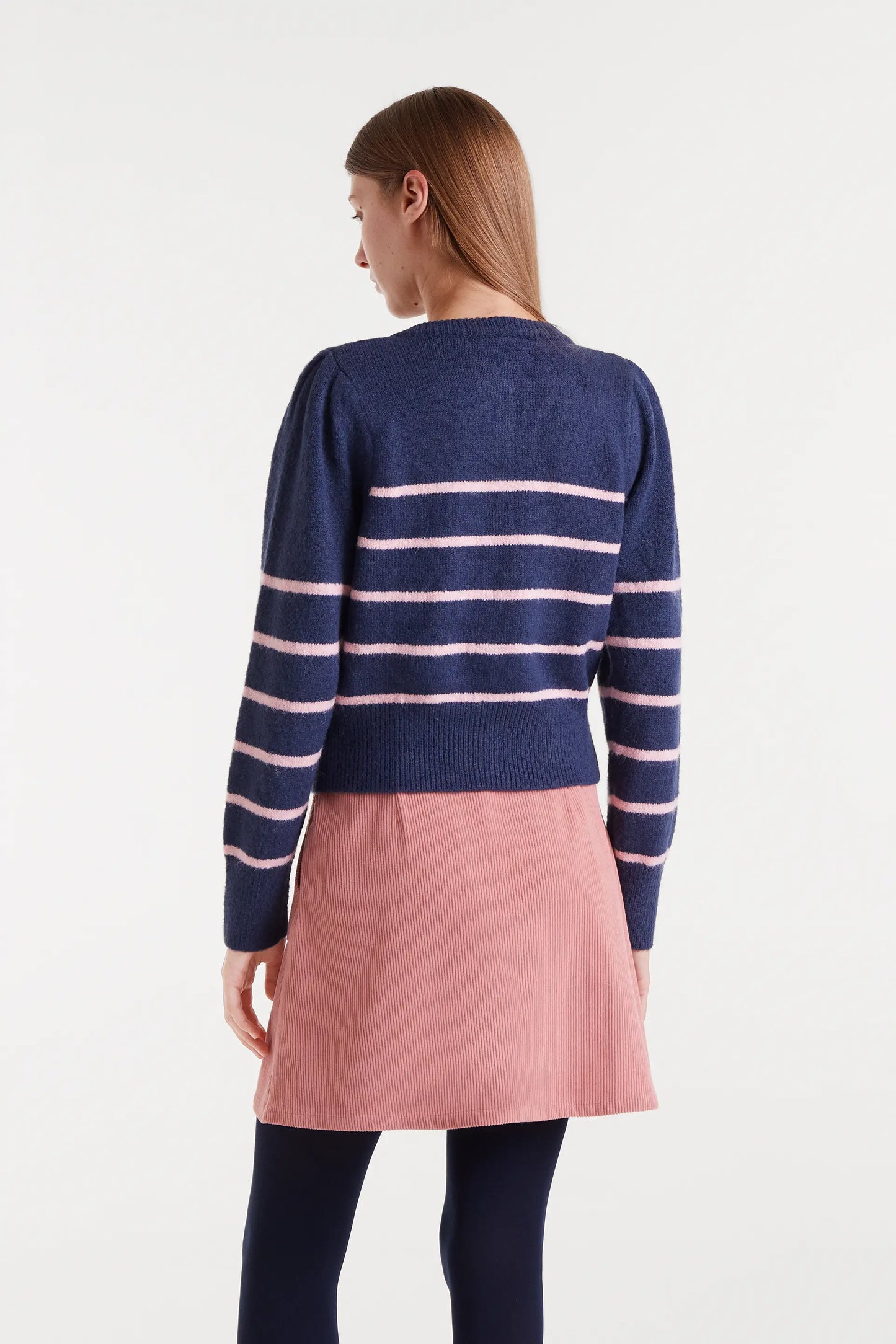 Cardigan lavorato a maglia a righe blu navy e rosa