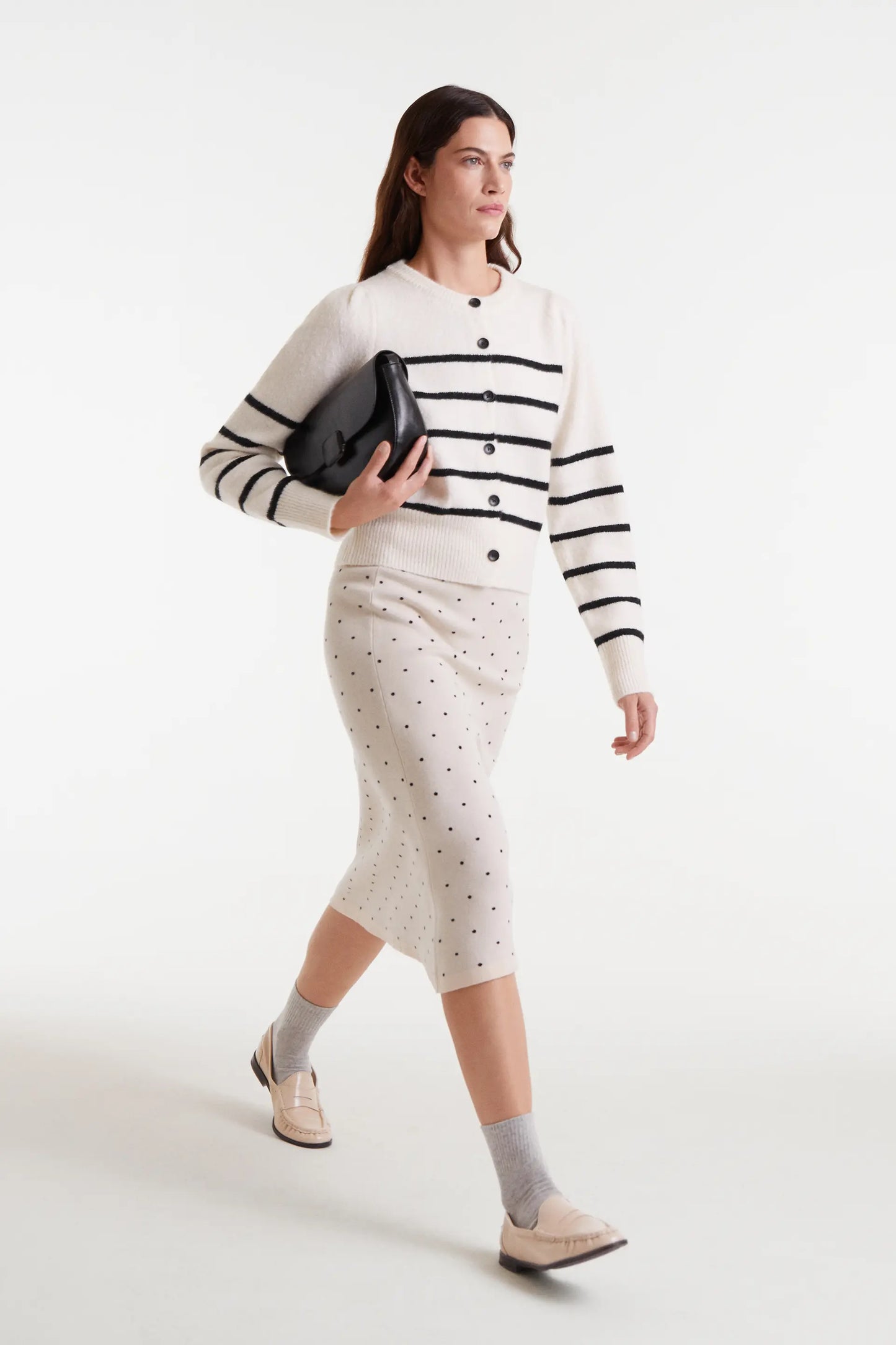 Falda midi jacquard con mini puntos negro