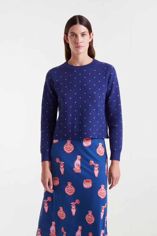 Jersey punto jacquard estampado topos mini navy blue y rosa