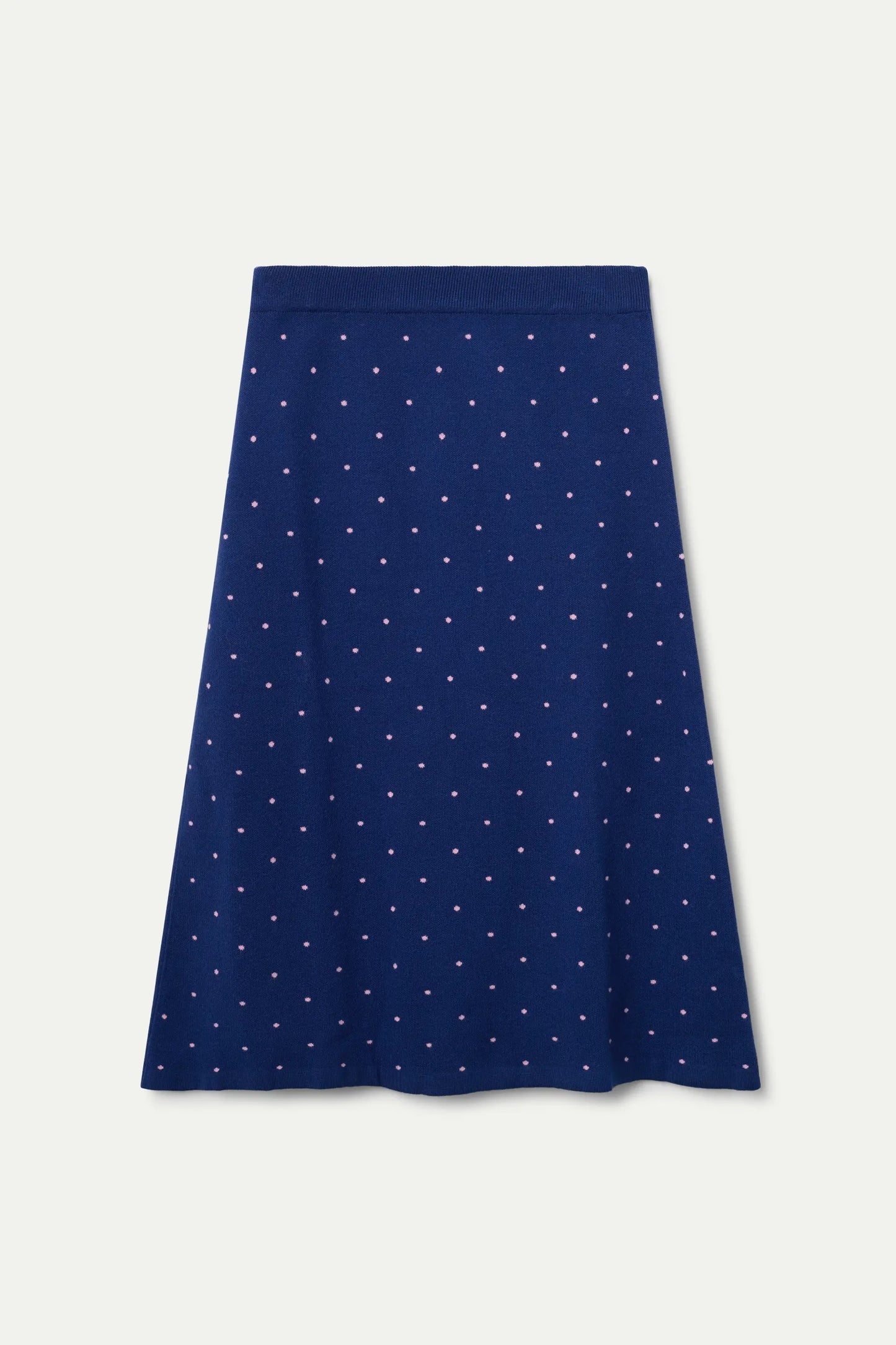 Gonna midi in maglia jacquard a pois, blu navy e rosa