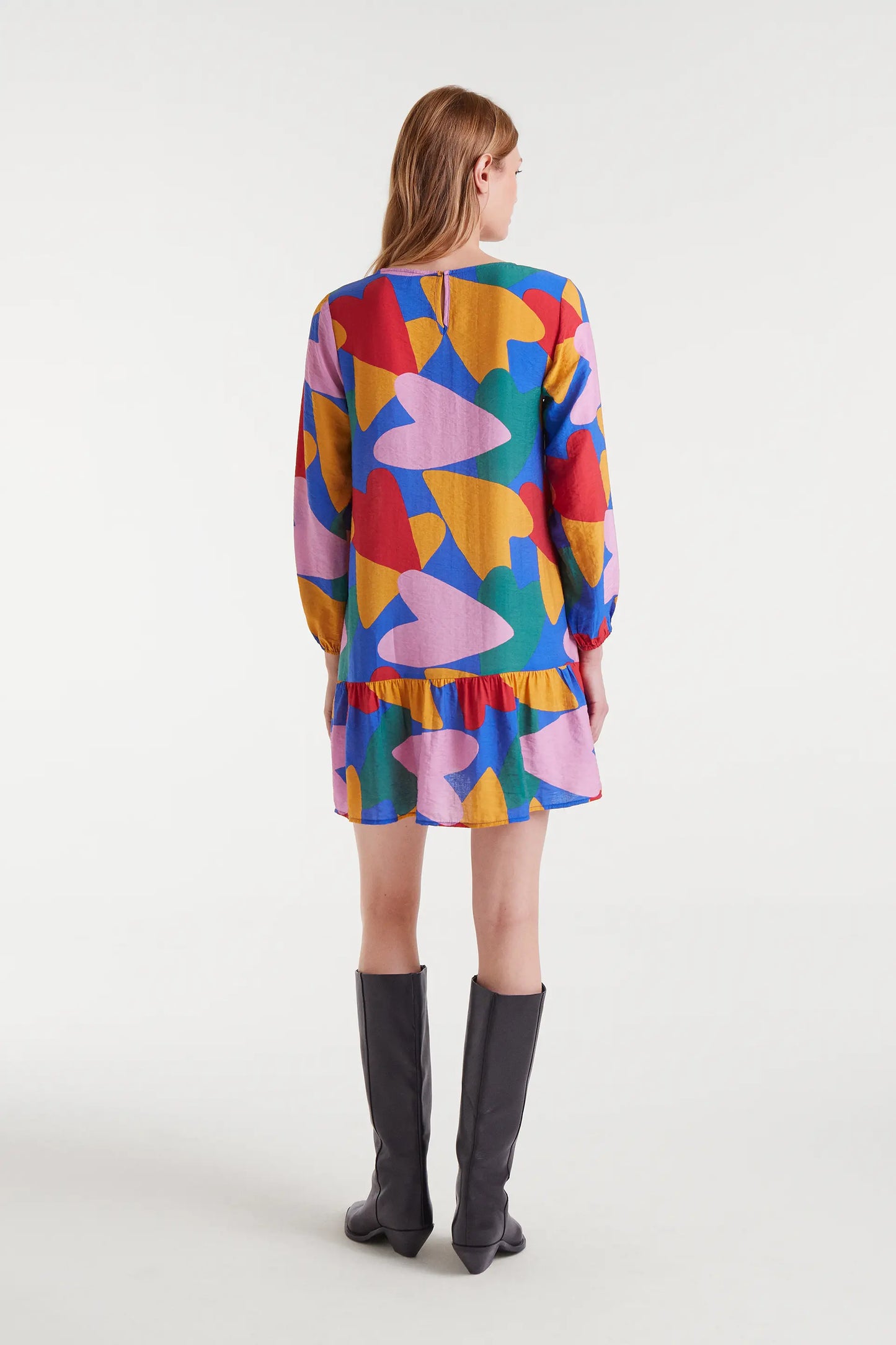 Abito corto in crepe leggero con stampa Cupido