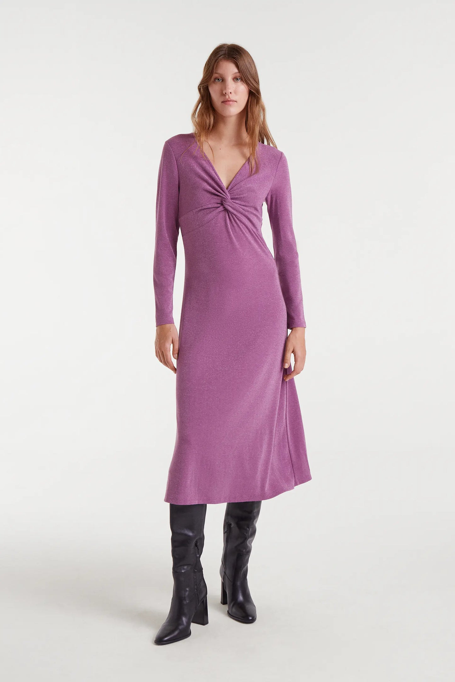 Abito midi lilla con scollo annodato