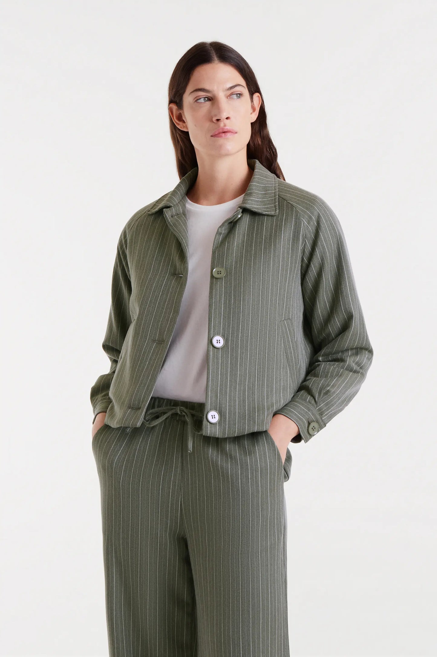 Greyish green pinstriped jacket