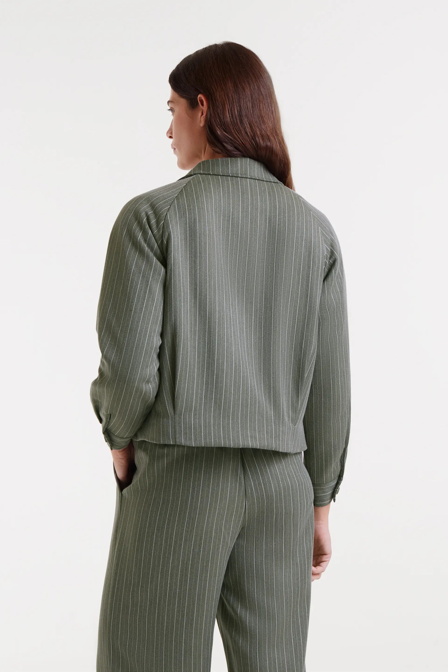 Greyish green pinstriped jacket
