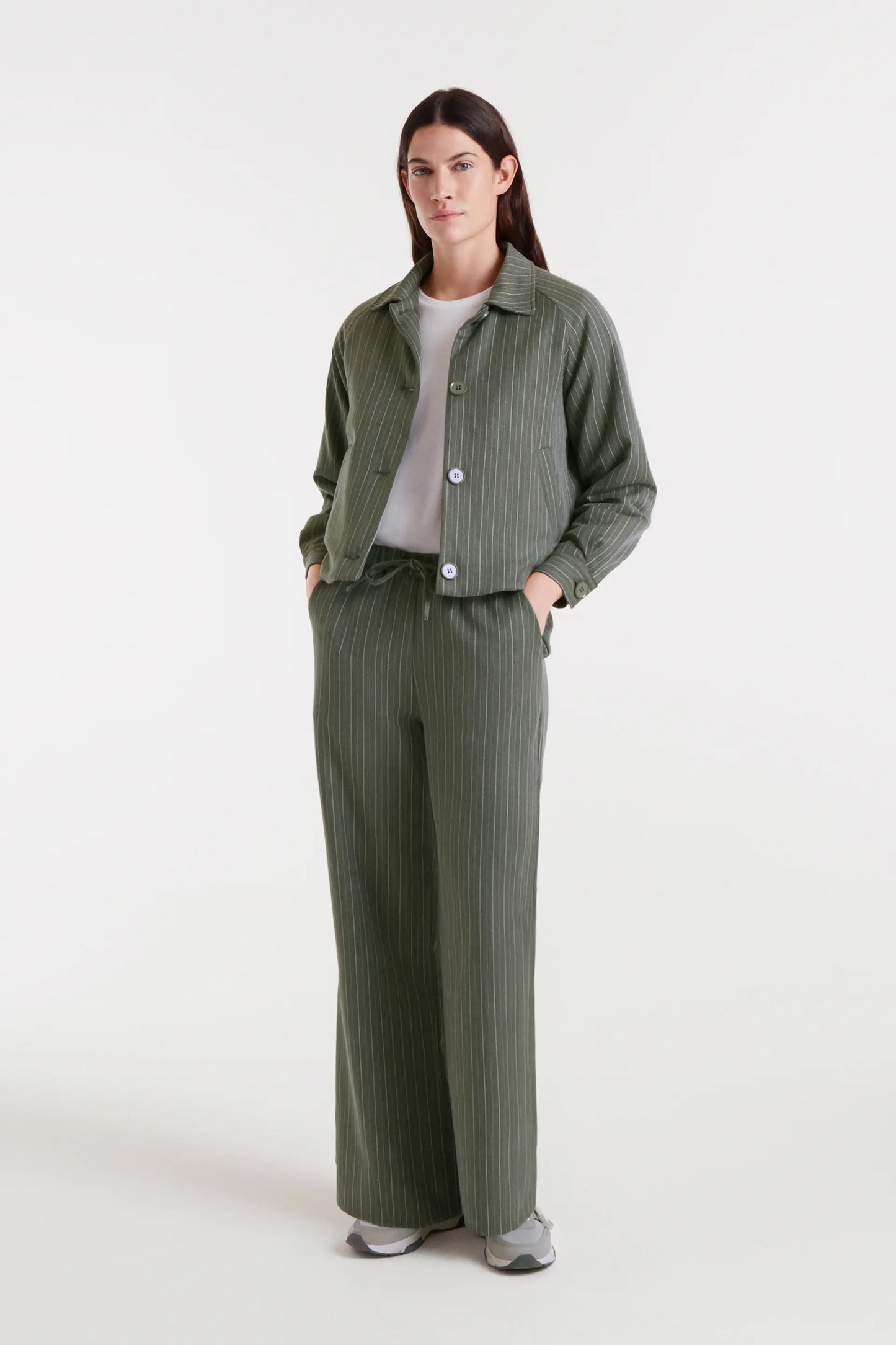 Greyish green pinstriped jacket