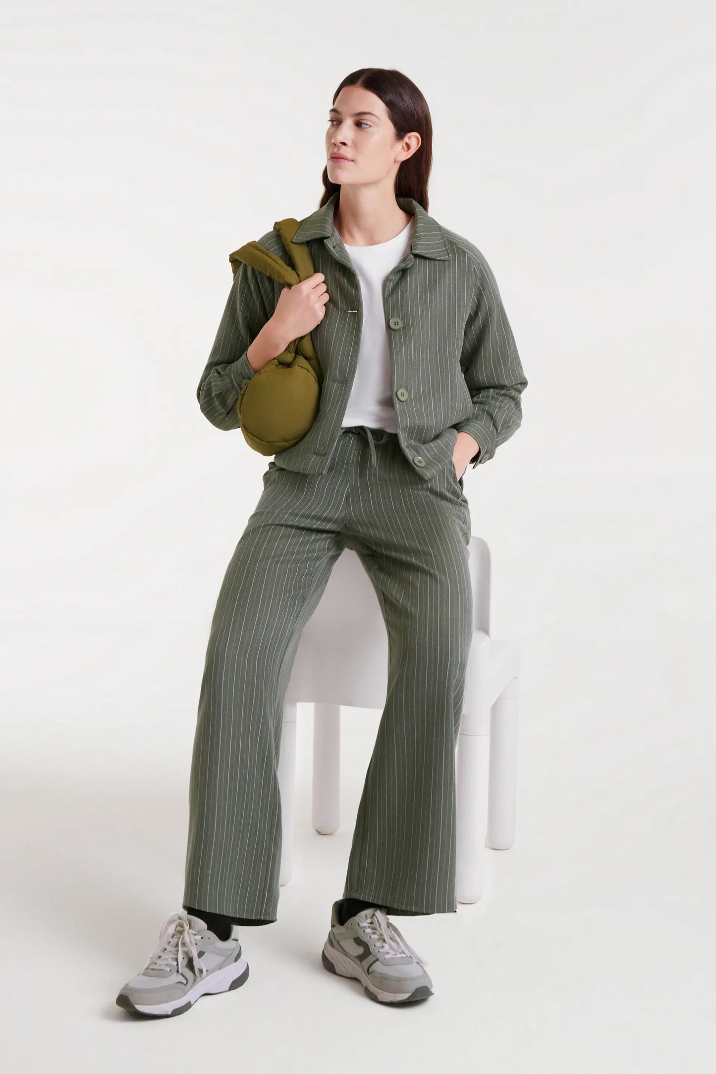 Greyish green pinstriped jacket