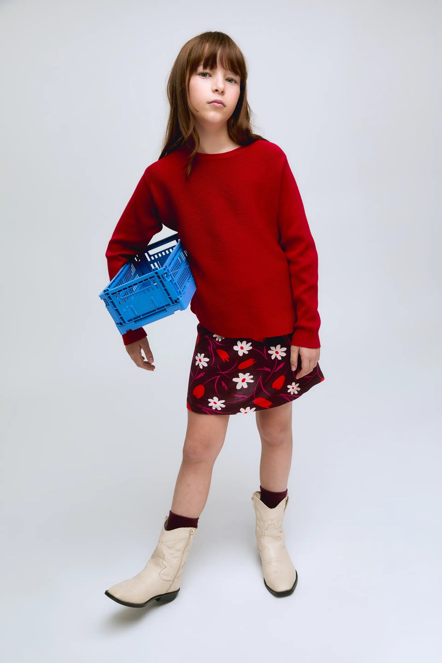 Red fine knit long-sleeved girl's sweater