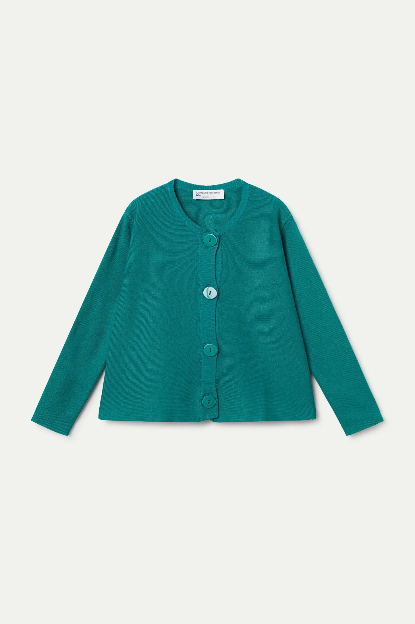 Green fine knit girl's cardigan with large button