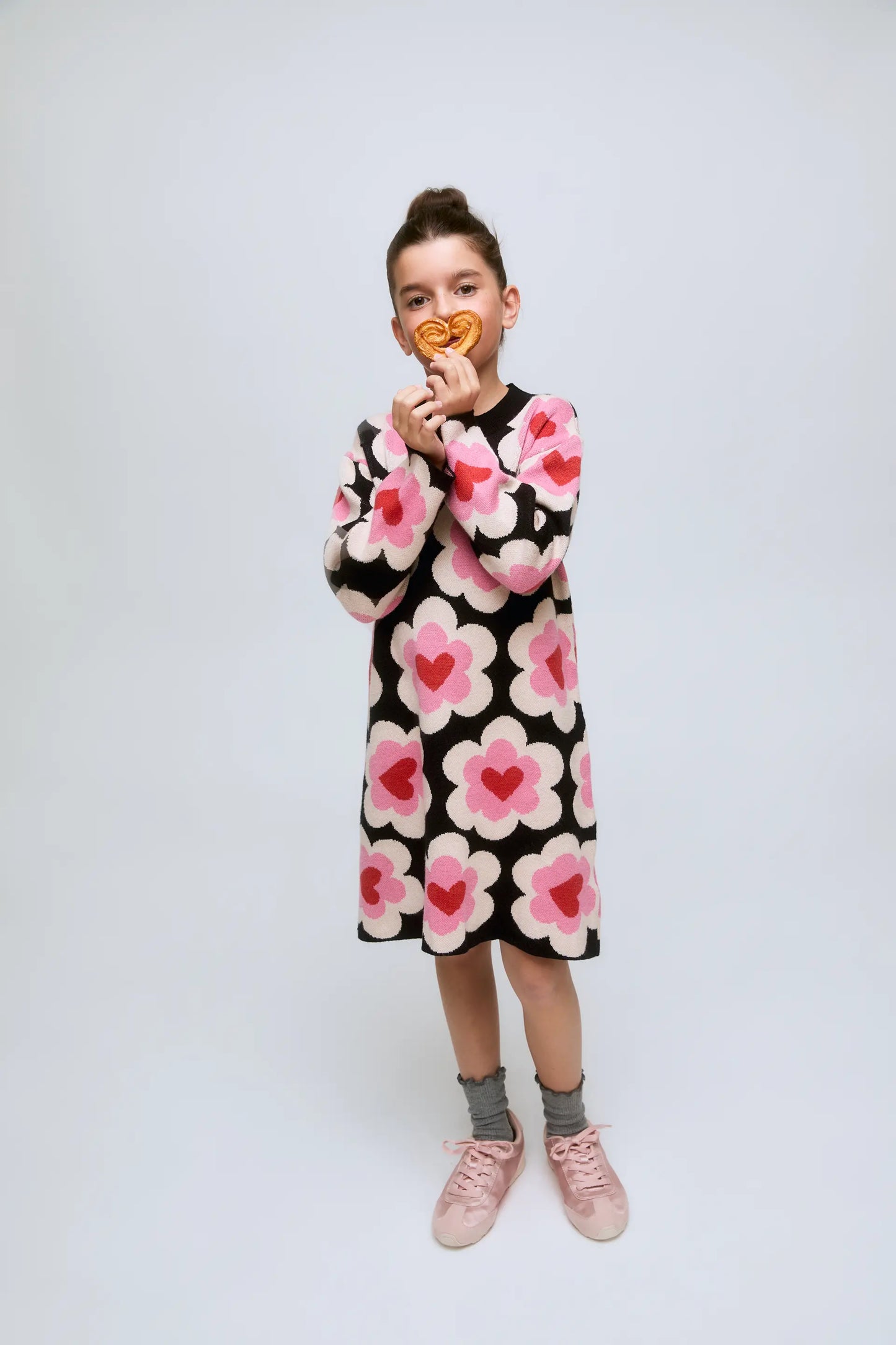 Abito corto da bambina con stampa a cuore