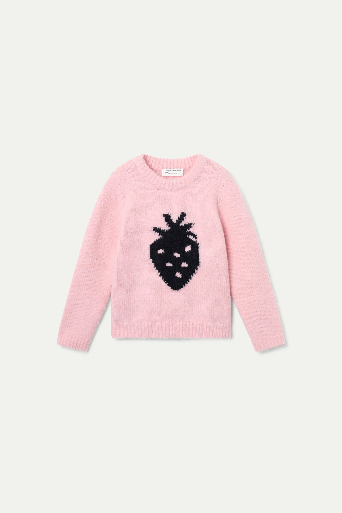 Maglione rosa lavorato a maglia per bambina con stampa di fragole