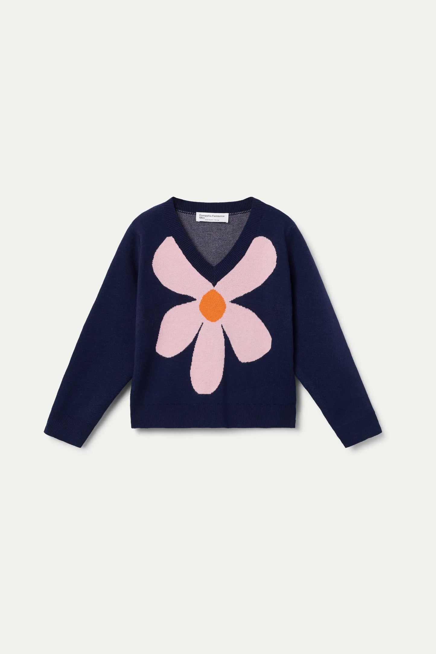 Navy blue knitted girl's sweater with flower print