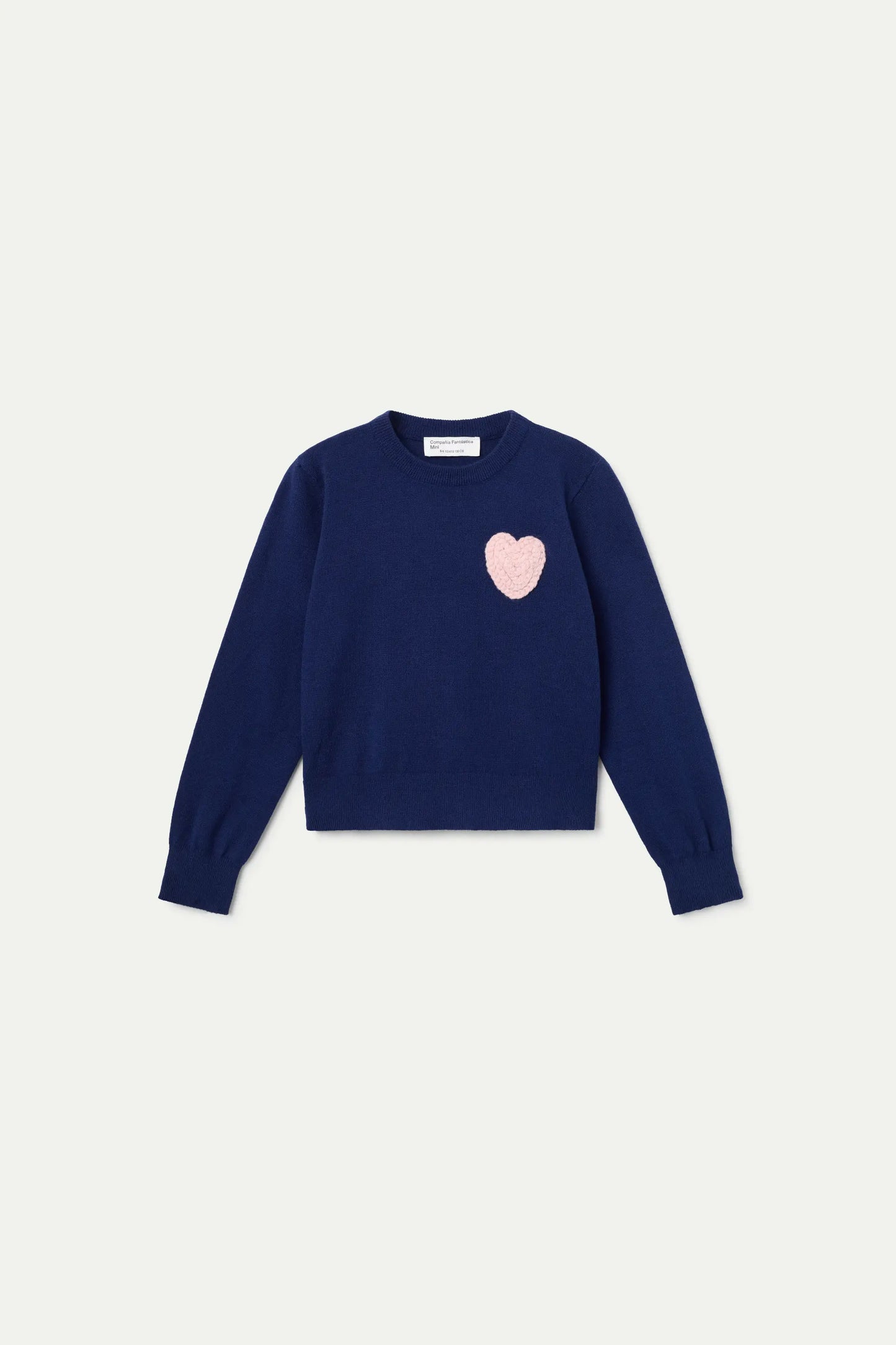 Navy blue knitted girl's sweater with pink heart embroidery