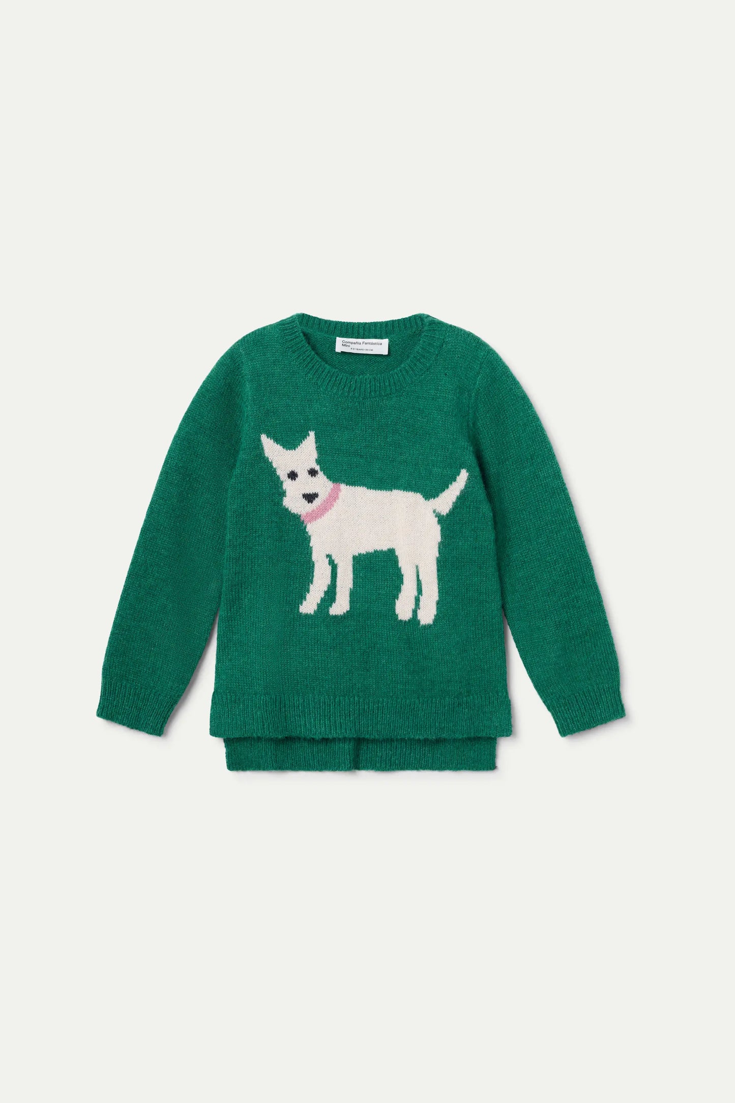 Green knitted girl's sweater with dog print