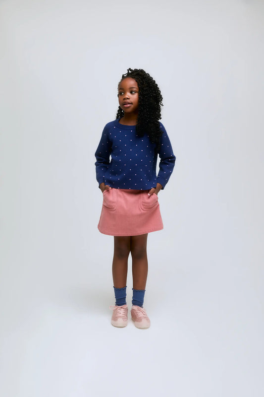 Jersey de niña de punto azul marino con lunares rosas
