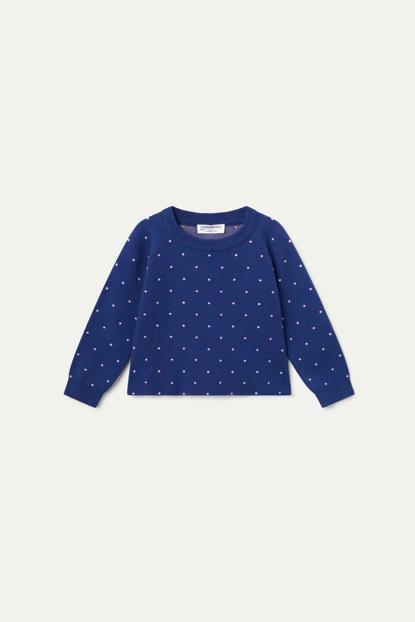 Maglione da bambina lavorato a maglia blu navy con pois rosa
