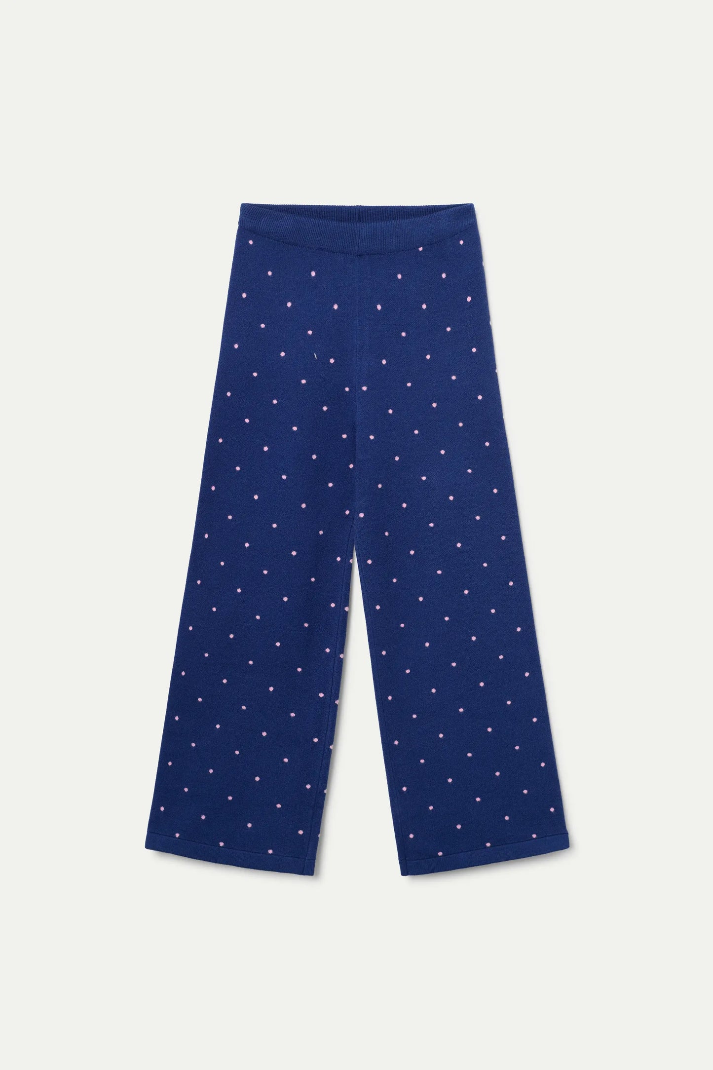 Pantaloni da bambina in maglia blu navy con pois rosa
