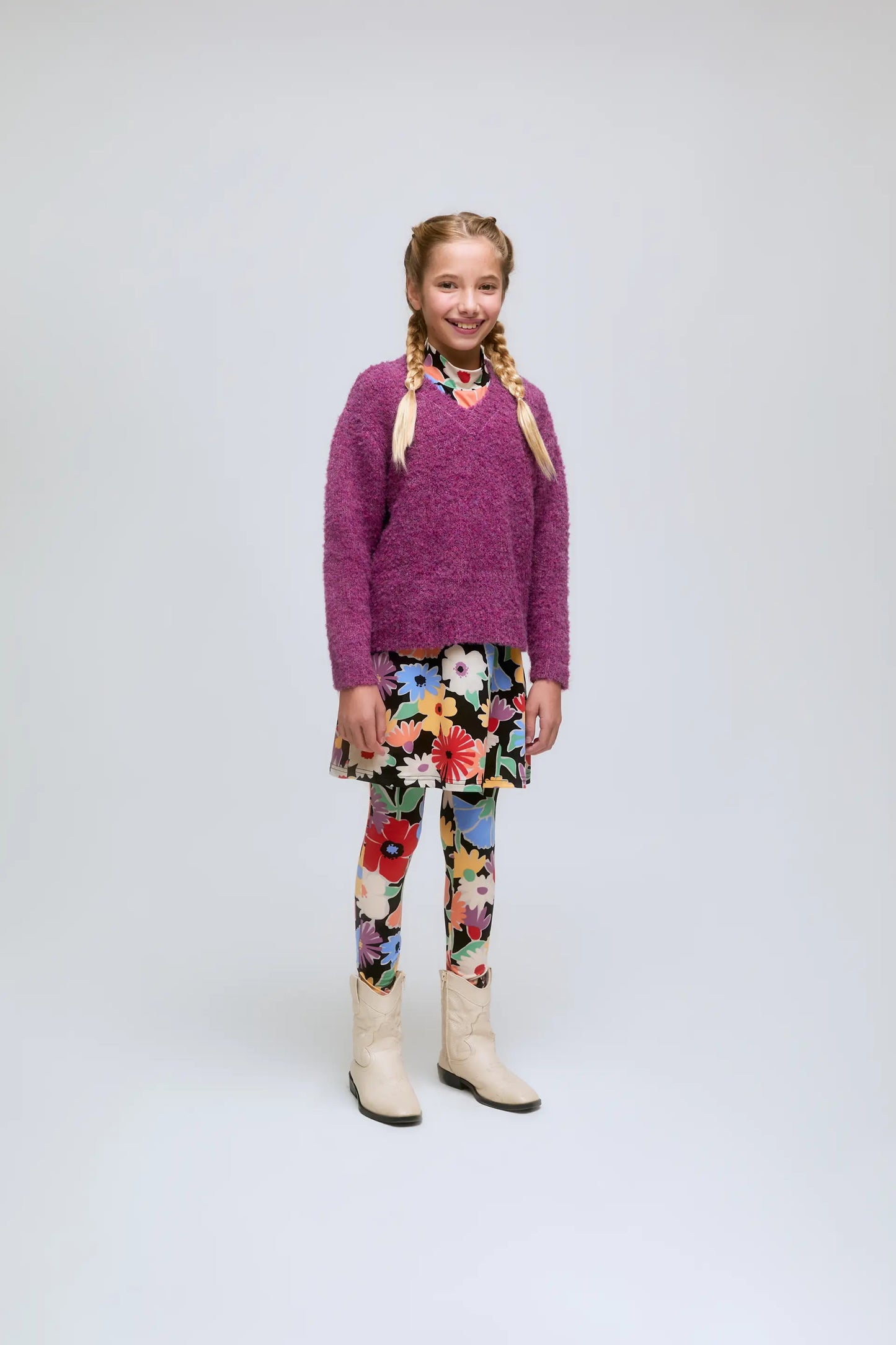 Textured eggplant knit girl's sweater