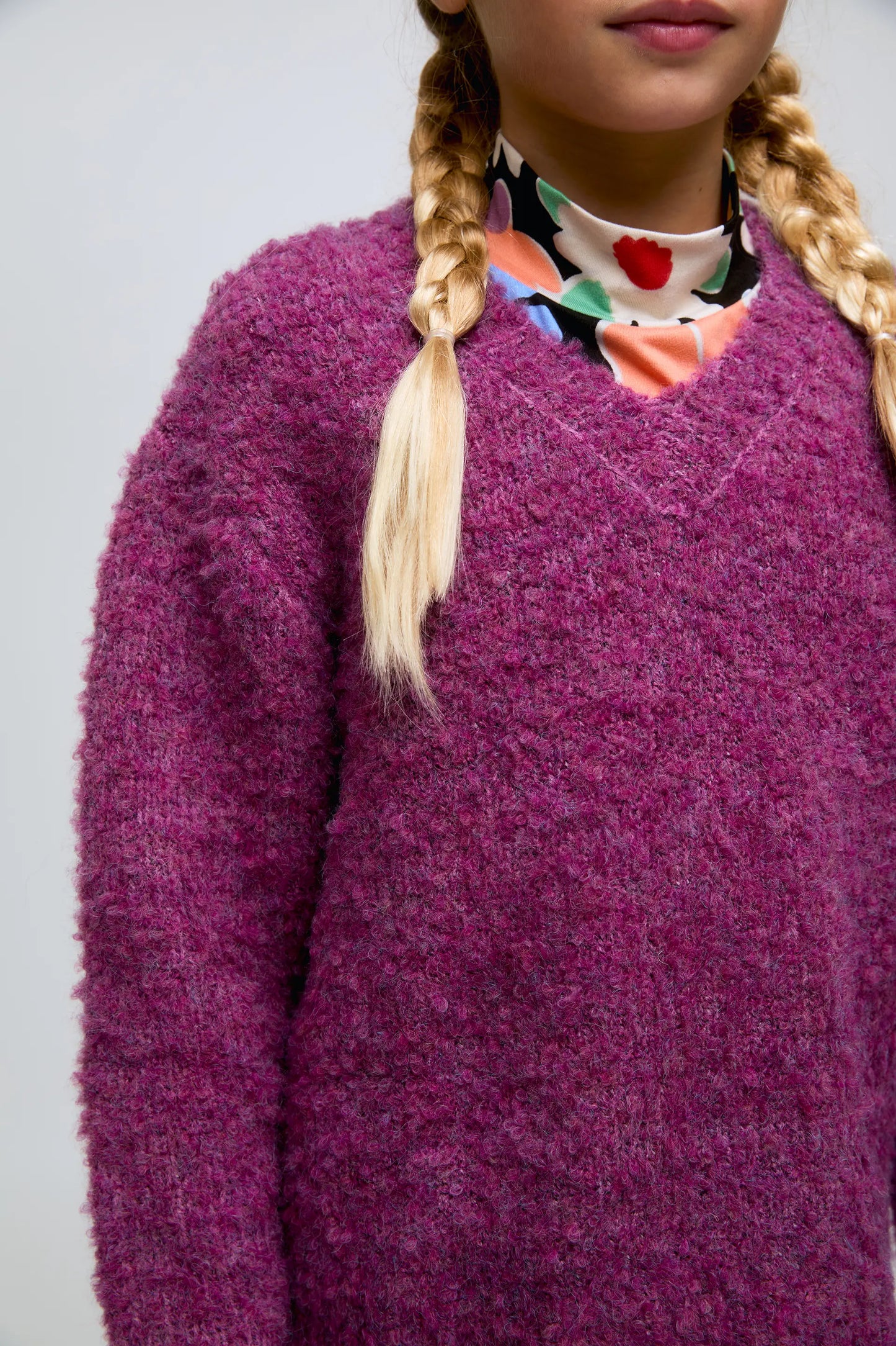 Textured eggplant knit girl's sweater