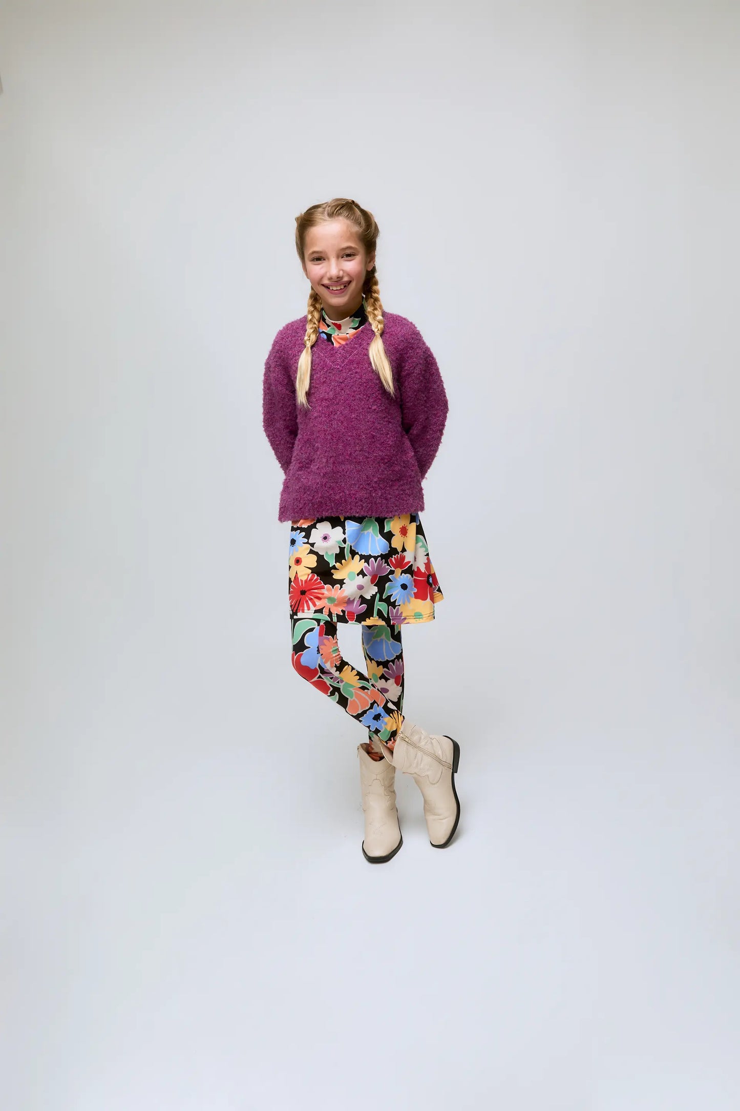 Textured eggplant knit girl's sweater