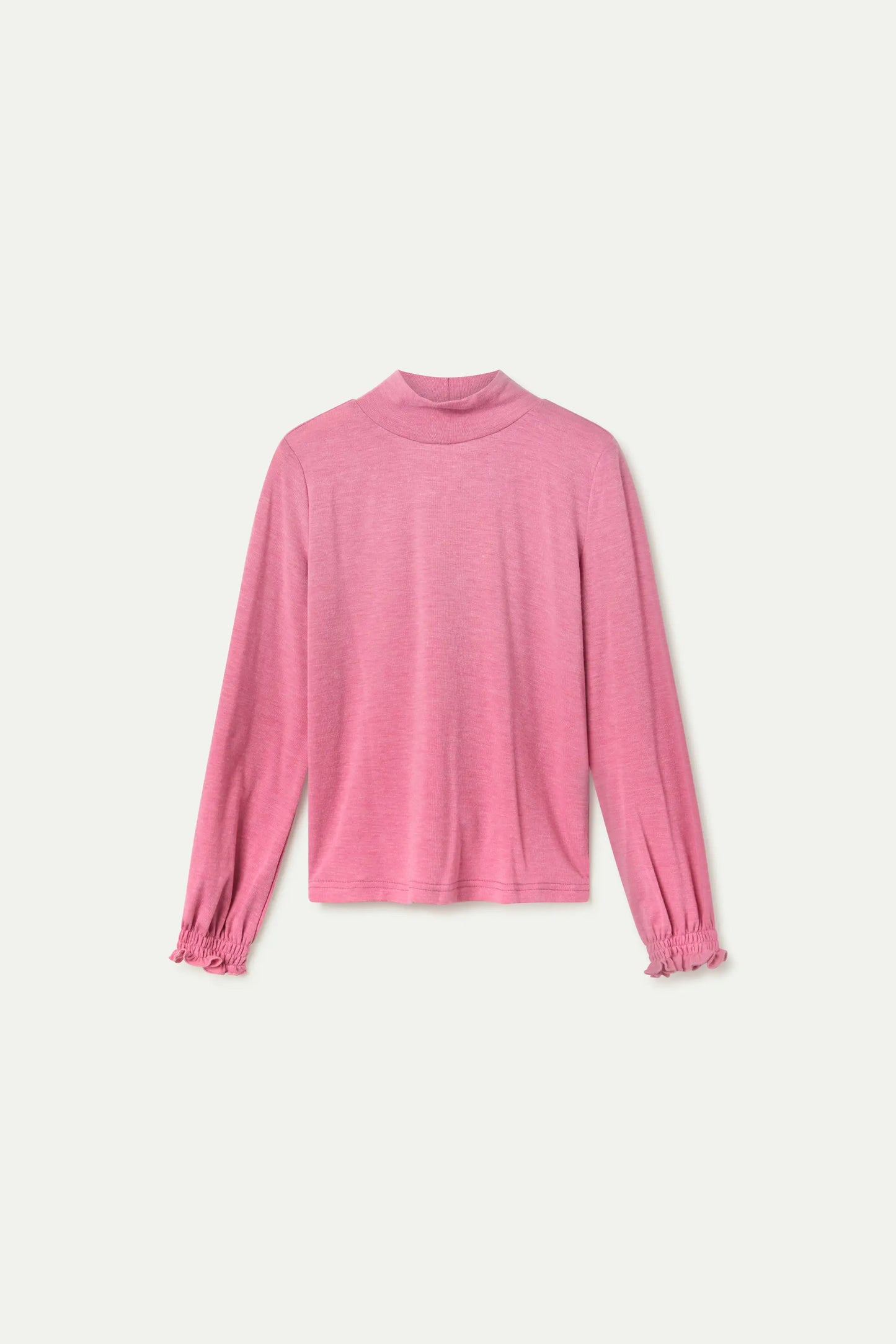 Pink girl's high-neck sweater with gathered cuffs