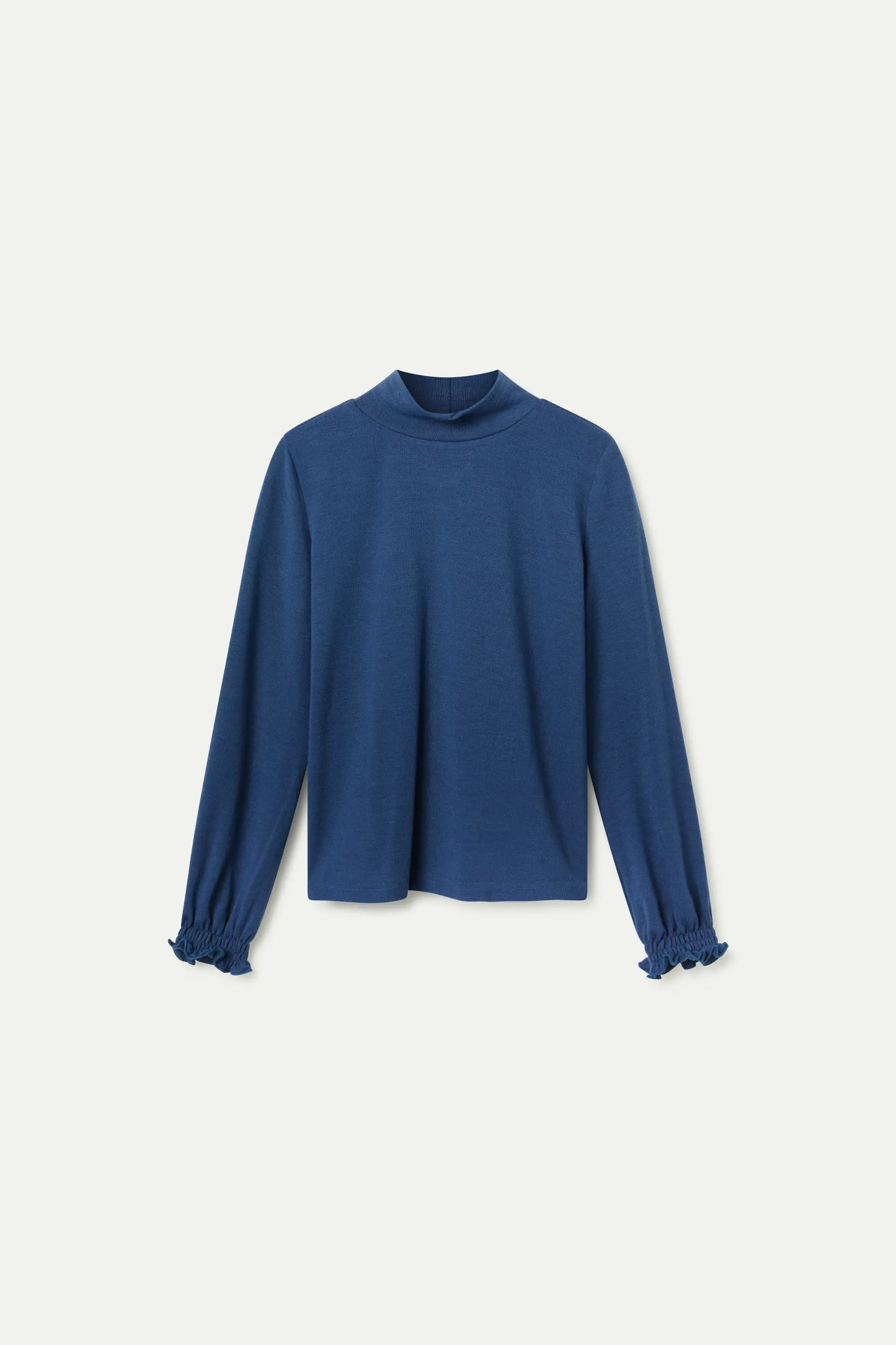 Blue girl's turtleneck sweater with gathered cuffs